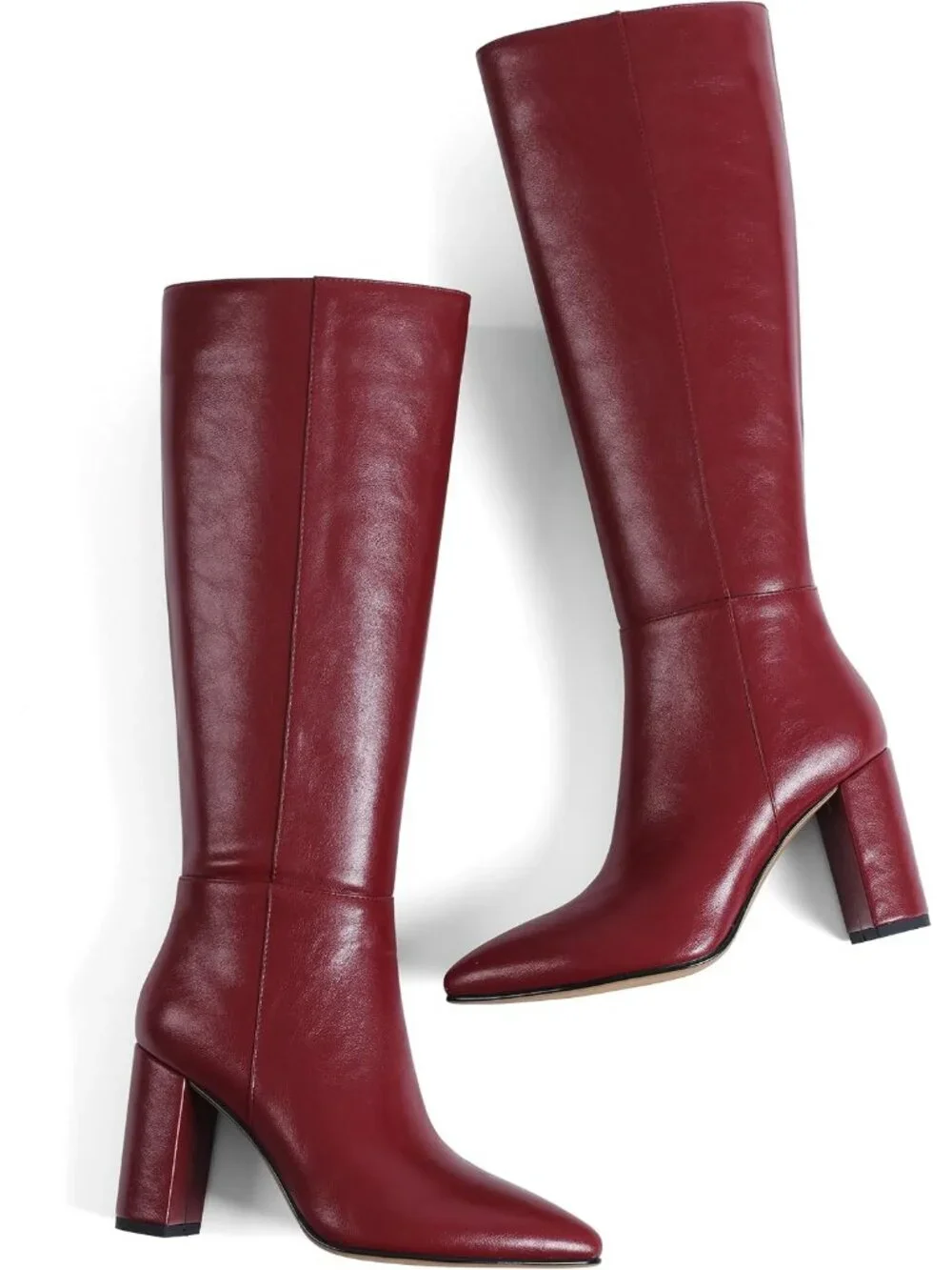 Women's Burgundy Chunky Heel Pointed Toe Non Slip Side Zipper Knee High Boots